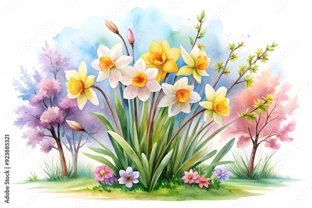 Obraz premium Spring tree vector nature illustration, blossom Japanese sakura, wooden trunk, pink crown. Isolated summer season park cartoon floral icon. Bloom sakura, cherry tree garden environment logo landscape 