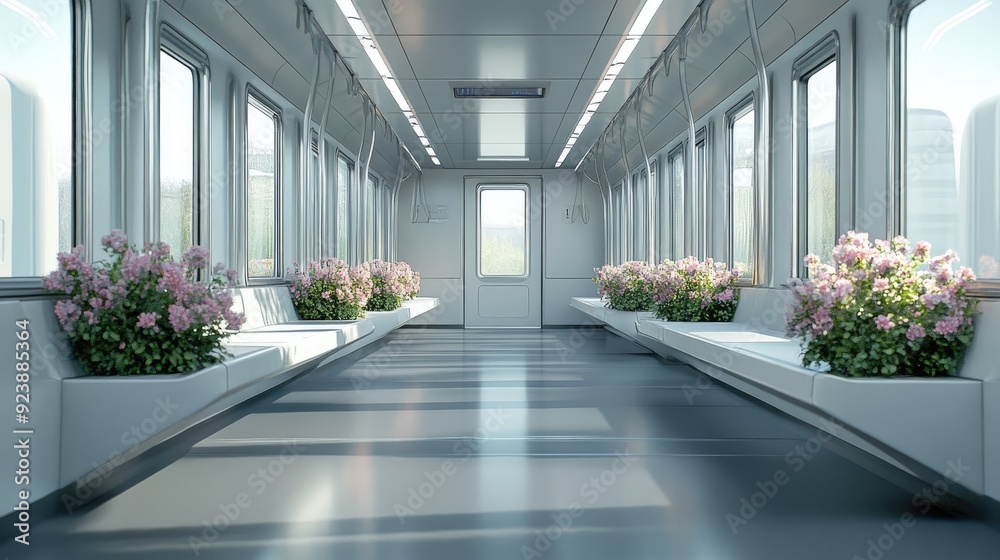Empty train interior with futuristic design and flowers enhancing the minimalist aesthetic, no people. Empty train interior with futuristic design and flowers enhancing the minimalist aesthetic, no people.