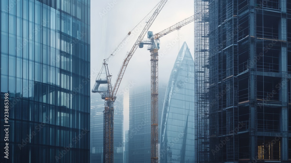 Fototapeta premium Modern skyscraper construction site with cranes and scaffolding