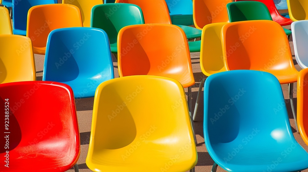 Naklejka premium Rows of empty plastic chairs with vivid colors geometrically arranged under the sun. Texture and background. Copy space