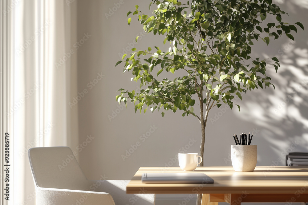 Elegant Nordic Home Office with Modern Pot Tree and Coffee Elegant Nordic Home Office with Modern Pot Tree and Coffee