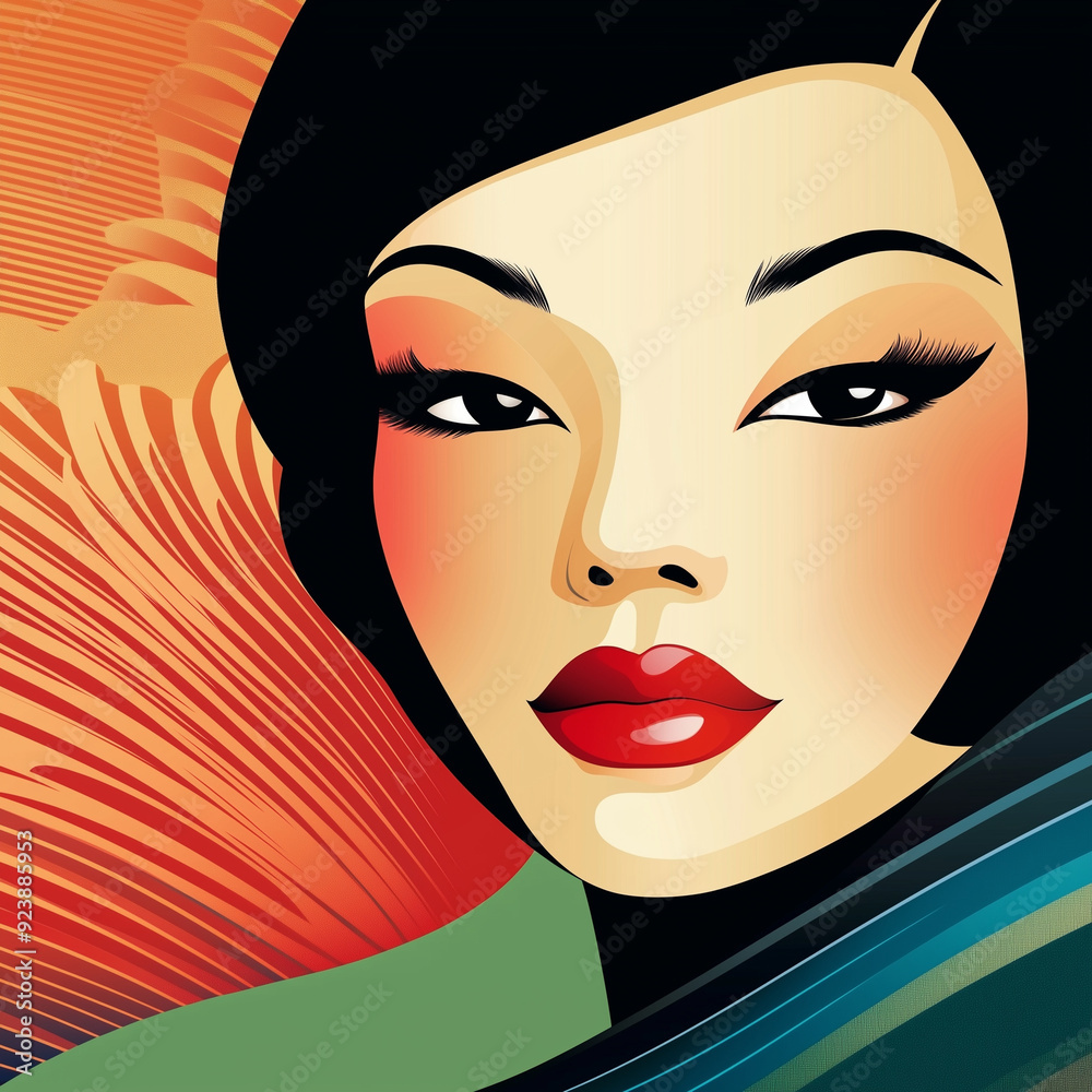A photo portrait illustration art style retro Asian woman with a smile, on the vibrant color background
A photo portrait illustration art style retro Asian woman with a smile, on the vibrant color background