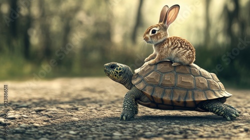 Tortoise and Hare: A Journey of Friendship - A tortoise and a rabbit embark on an adventure together, symbolizing friendship, teamwork, perseverance, unexpected partnerships, and the beauty of nature. photo