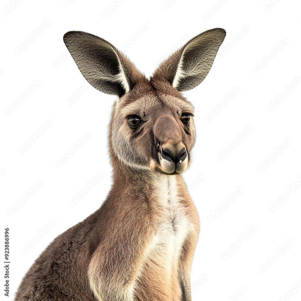 Close-up of a kangaroo against a white background, showcasing its expressive face and pointy ears.