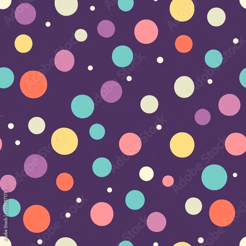 Pastel polka dot seamless pattern on a vector purple backdrop with colored circles.