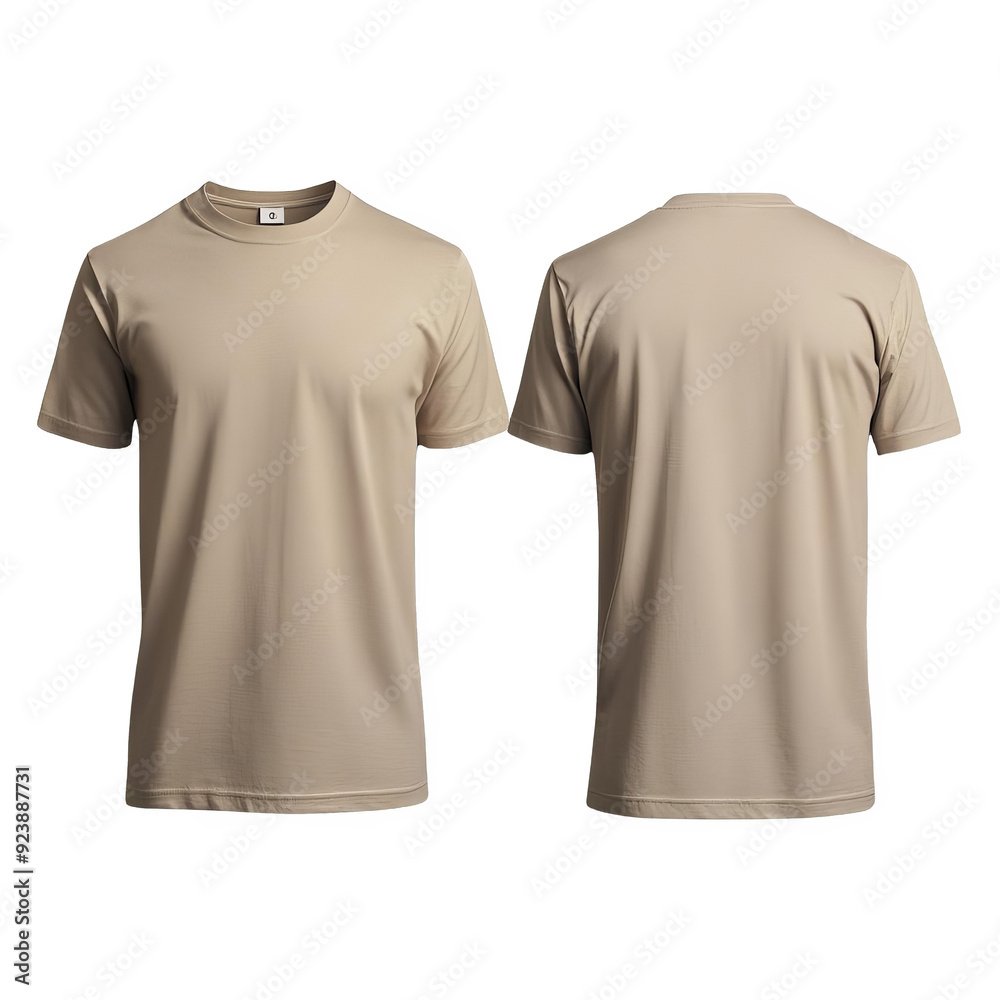 Front and back view of a plain beige T-shirt. Comfortable cotton material, perfect for casual wear and outdoor activities. Front and back view of a plain beige T-shirt. Comfortable cotton material, perfect for casual wear and outdoor activities.
