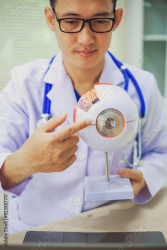 An ophthalmologist explains eye diseases using an eye model at an examination table in a hospital examination room. Glaucoma, cataracts, diabetic retinopathy.