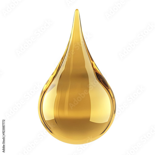 Golden oil droplet with a reflective surface, isolated on a transparent background, ideal for beauty and health concepts.