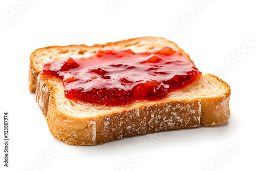 Slice of bread with strawberry jam isolated on white background