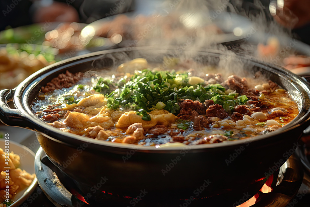 Steaming Hot Pot with Fresh Vegetables and Meat in a Clay Pot Steaming Hot Pot with Fresh Vegetables and Meat in a Clay Pot