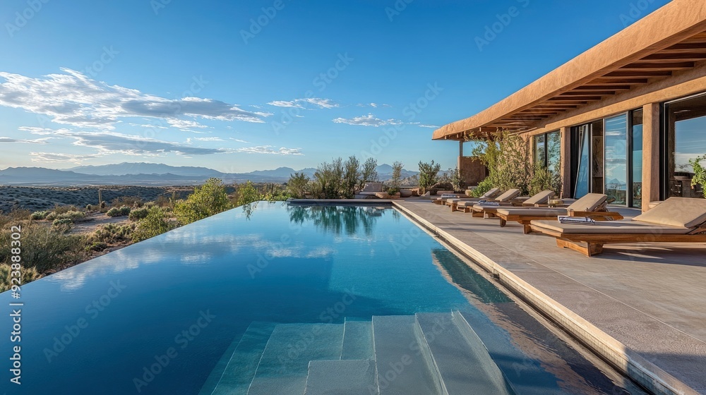 Fototapeta premium Luxurious swimming pool in a desert landscape, ai