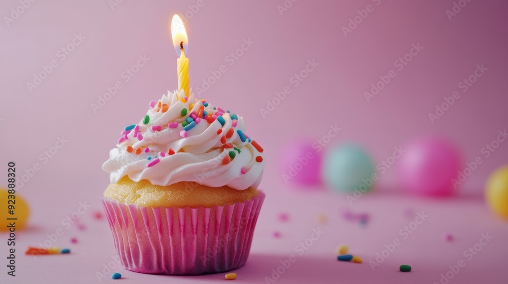 Close-up of a birthday cupcake with sprinkles and a lit candle against a clean, colorful backdrop Close-up of a birthday cupcake with sprinkles and a lit candle against a clean, colorful backdrop