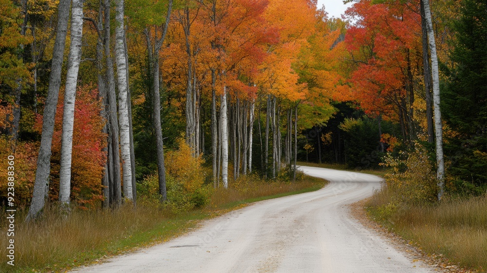 A dirt road surrounded by trees with autumn leaves on the ground, AI A dirt road surrounded by trees with autumn leaves on the ground, AI