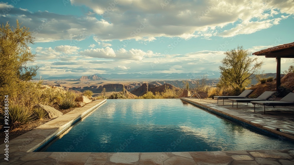 Fototapeta premium Luxurious swimming pool in a desert landscape, ai