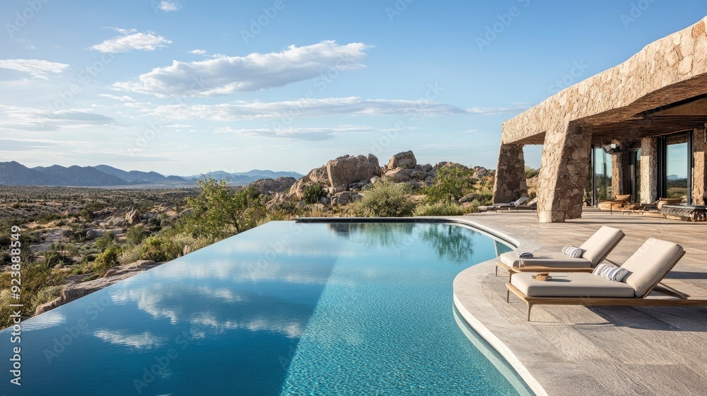 Fototapeta premium Luxurious swimming pool in a desert landscape, ai