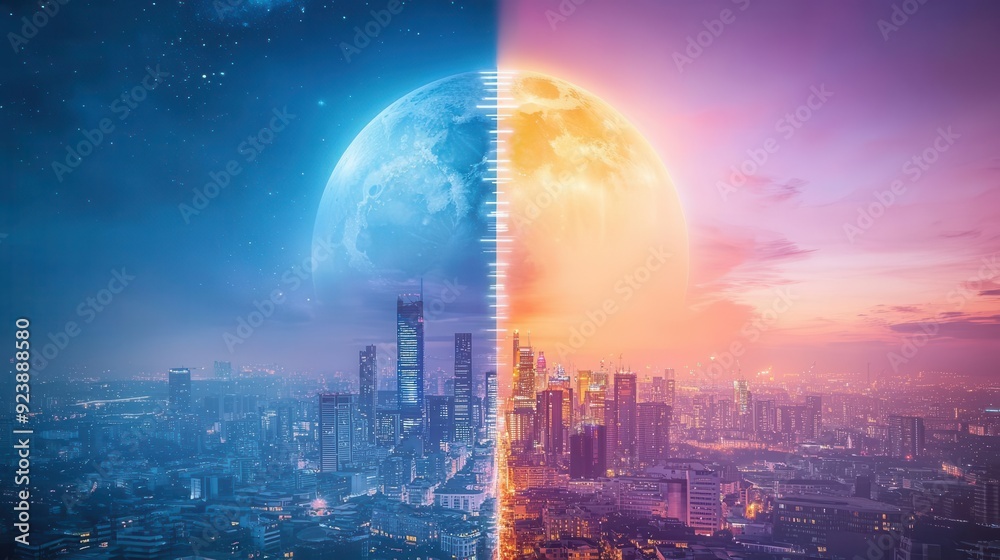 Fototapeta premium A city divided by night and day, one half lit by renewable energy and the other by traditional power