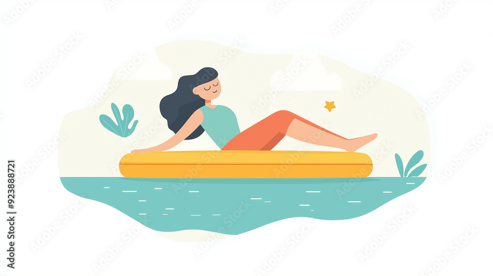 Relaxed person floating on a pool raft, cartoon style, flat design, water color, serene summer day Relaxed person floating on a pool raft, cartoon style, flat design, water color, serene summer day