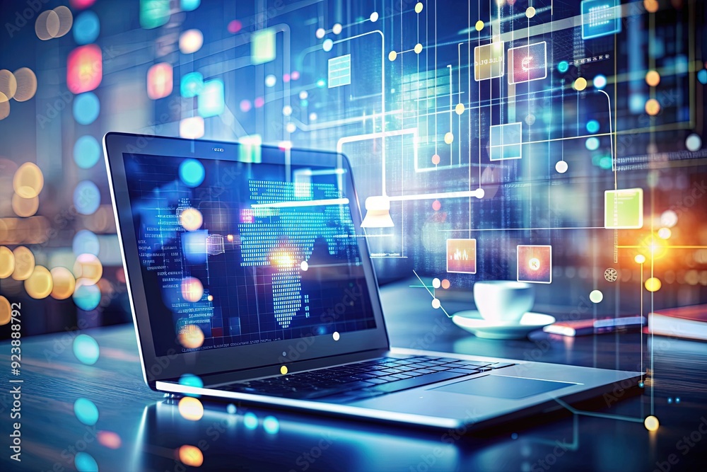 Blurred computer screen with coding data serves as a backdrop for sharp, overlapping business icons, symbolizing professional success and technological advancement in the workplace.