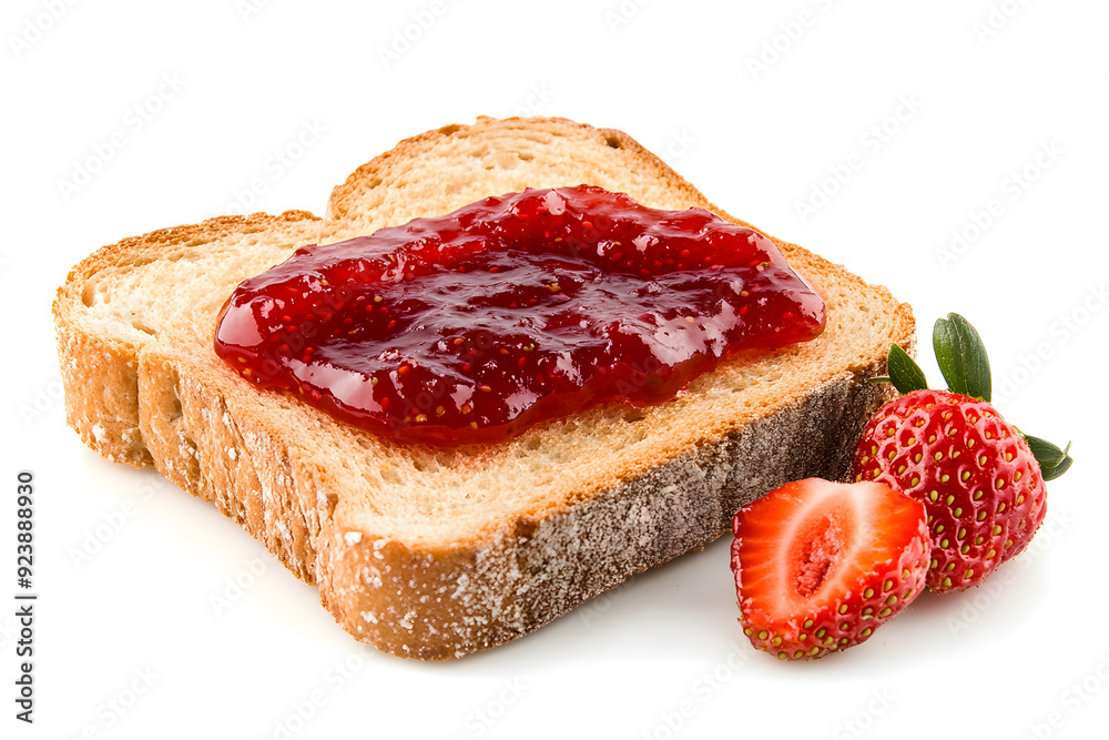 Slice of bread with strawberry jam isolated on white background Slice of bread with strawberry jam isolated on white background