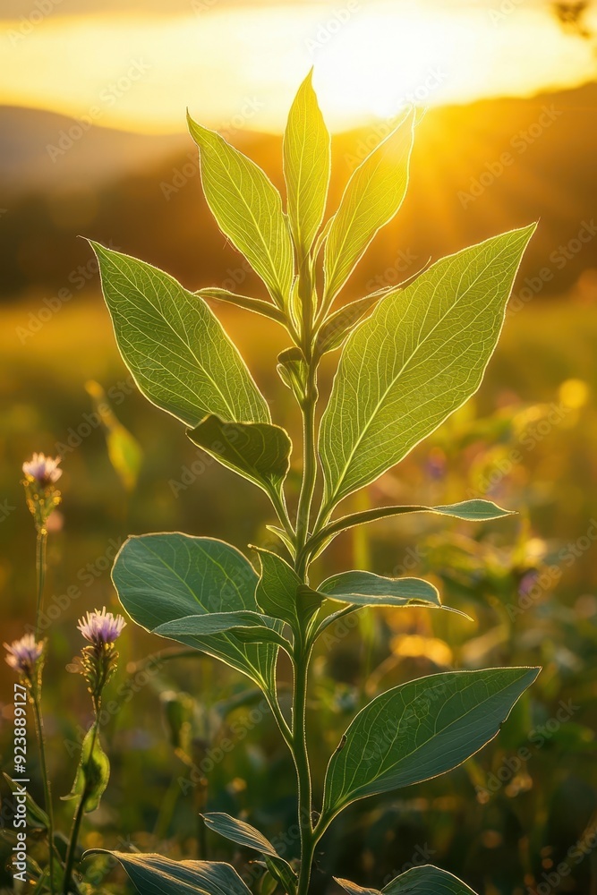 Fototapeta premium Close-up of a young Withania plant in a sunlit field