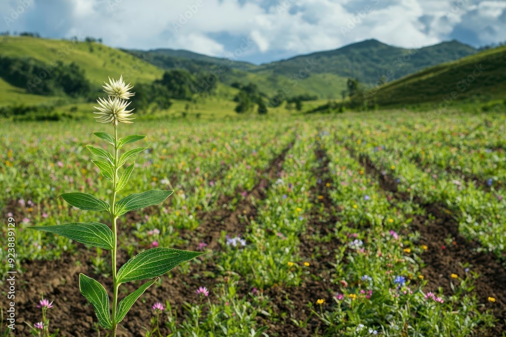 Wide shot of a lush countryside field with a young Withania plant in the foreground Wide shot of a lush countryside field with a young Withania plant in the foreground