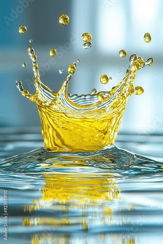 Close-up of yellow droplets splashing into clear water, high-speed photography capturing intricate details, dynamic motion, and ripples, bright lighting emphasizing vibrant hues photo