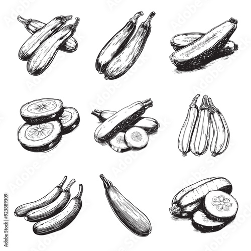Set of zucchini vector illustrations - hand drawn zucchini - black and white zucchini isolated on white background