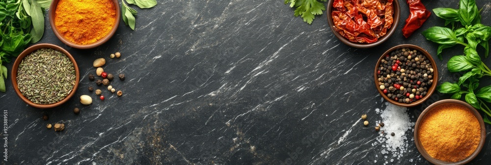Aromatic Infusions: A Food Blogger's Delight - Up-Close and Personal with Freshly Chopped Herbs and Spices on a Sleek Black Marble Surface Aromatic Infusions: A Food Blogger's Delight - Up-Close and Personal with Freshly Chopped Herbs and Spices on a Sleek Black Marble Surface