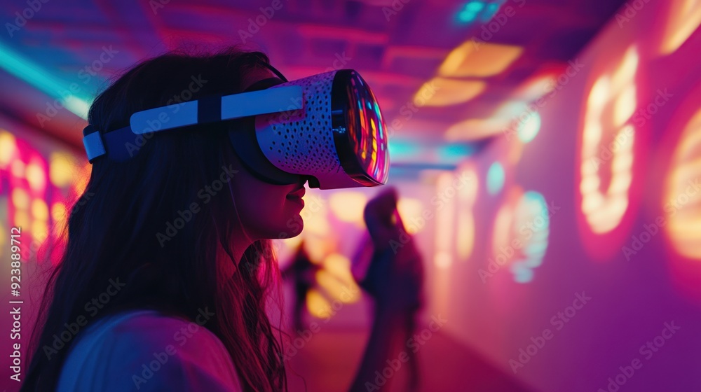 Woman Experiencing Virtual Reality in a Neon Lit Room Woman Experiencing Virtual Reality in a Neon Lit Room
