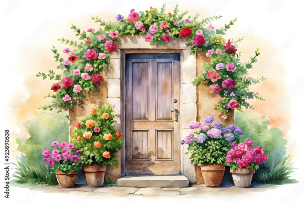 Fototapeta premium Abstract colorful flowers watercolor painting. Spring with buildings and walls