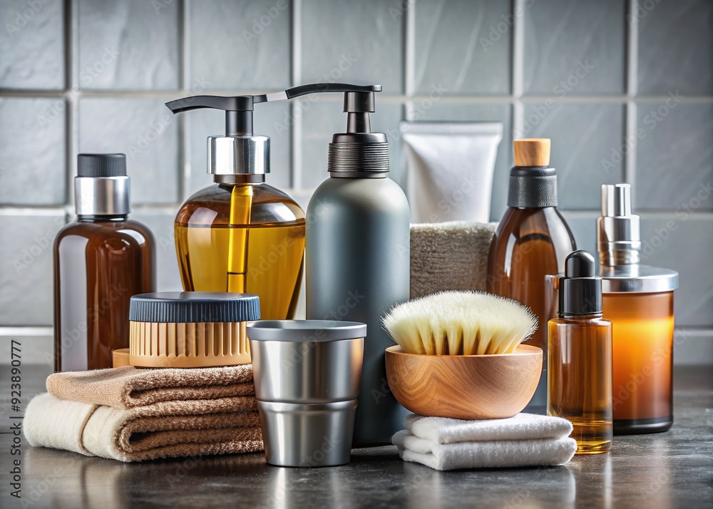 Assortment of masculine grooming essentials, including shampoo, shower gel, facial wash, deodorant, and moisturizer, arranged neatly on a clean surface in a modern bathroom setting.