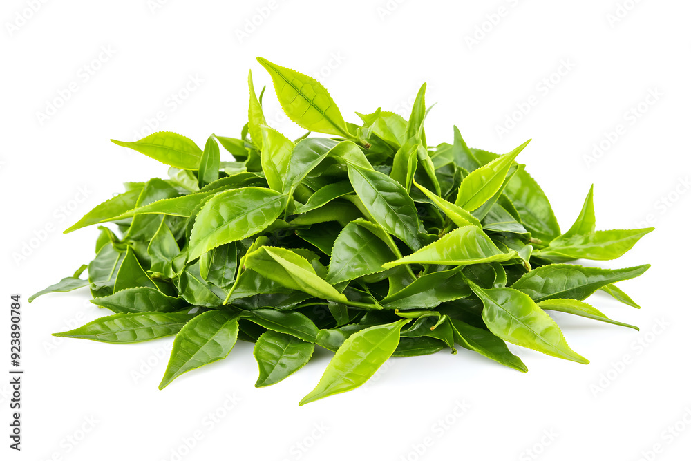 pile of green tea leaves isolated on white
