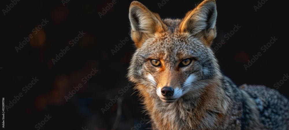 Jackal with intense gaze. A close-up portrait of a jackal with a focused expression against a dark background. Perfect for wildlife photography or animal portraits. Photography, horizontal format.
Jackal with intense gaze. A close-up portrait of a jackal with a focused expression against a dark background. Perfect for wildlife photography or animal portraits. Photography, horizontal format.