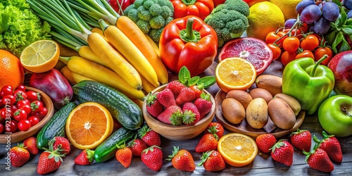 array of fresh fruits and vegetables, including bananas, oranges, apples, and strawberries, on a colorful table setting.