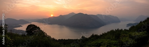 sunset panorama of Lago d'Iseo in Lombary, Italy in Summer