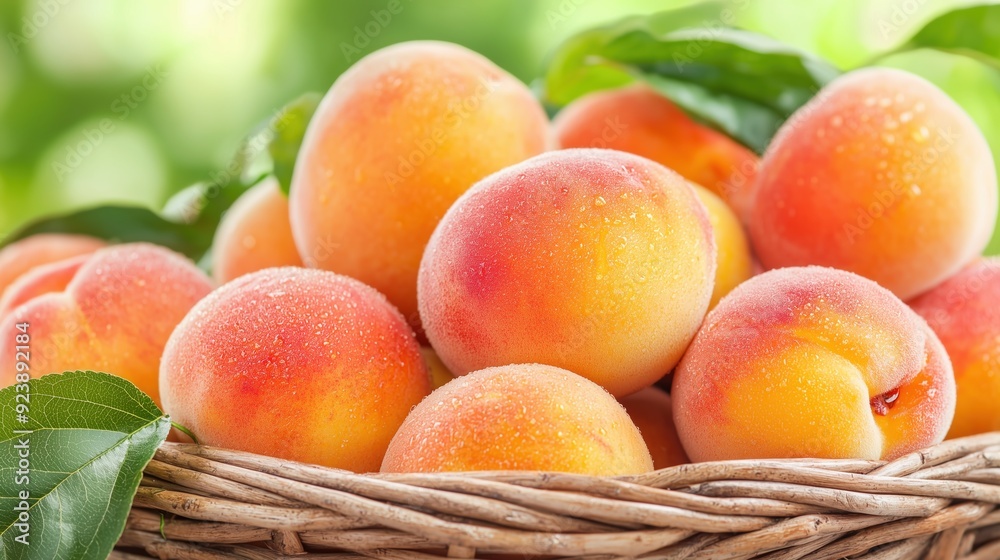 Close-up of a basket full of fresh peaches on a blurred green background. Banner with copy space. Close-up of a basket full of fresh peaches on a blurred green background. Banner with copy space.