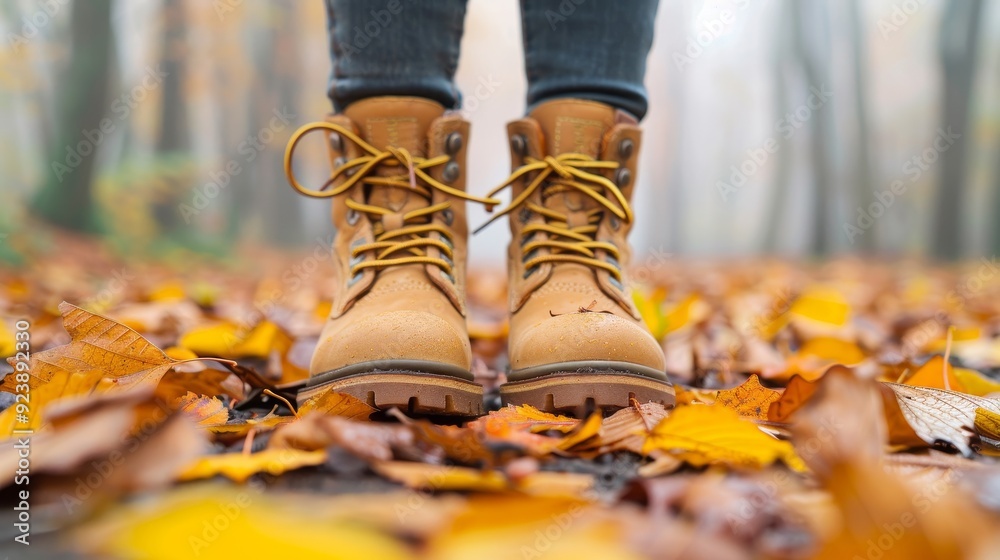 Two brown boots are on the ground in a forest Two brown boots are on the ground in a forest