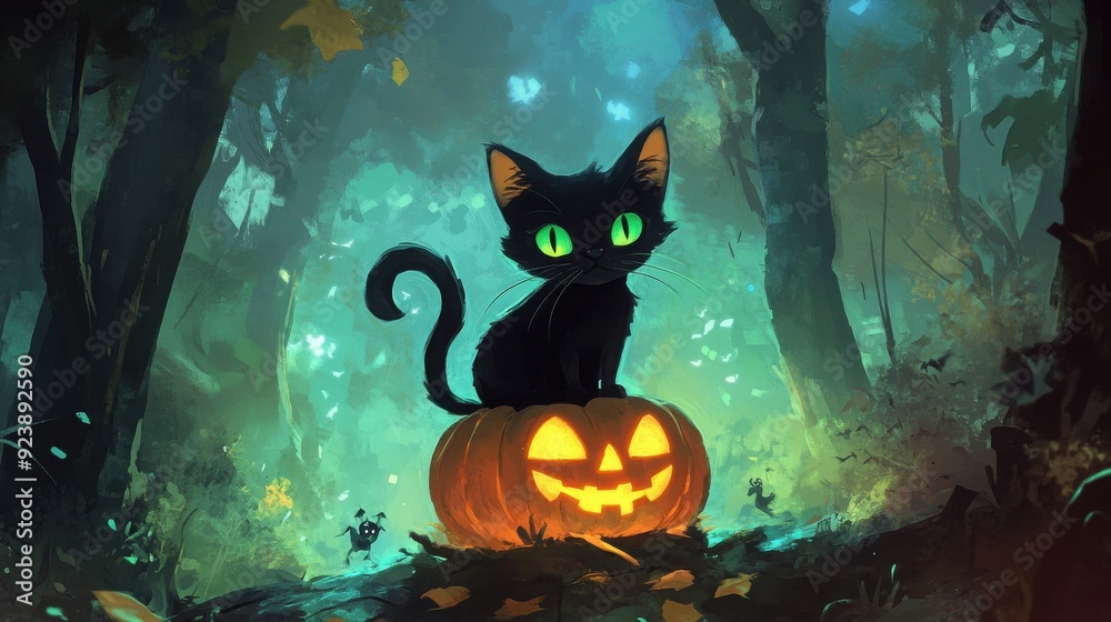 A cute black cat with glowing green eyes sits atop a jack-o'-lantern in an enchanted forest surrounded by whimsical glowing lights.
A cute black cat with glowing green eyes sits atop a jack-o'-lantern in an enchanted forest surrounded by whimsical glowing lights.