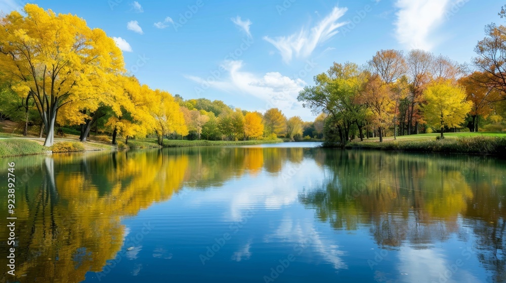 A beautiful lake with a blue sky and trees in the background A beautiful lake with a blue sky and trees in the background