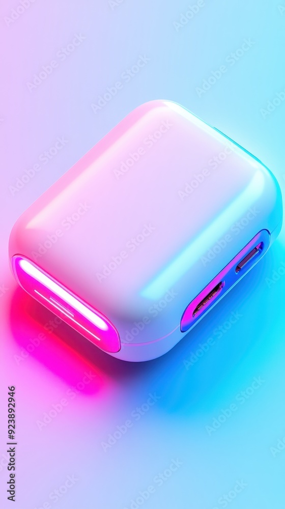 Stylish white charging case illuminated with vibrant colors, perfect for modern tech accessories and lifestyle shots. Stylish white charging case illuminated with vibrant colors, perfect for modern tech accessories and lifestyle shots.