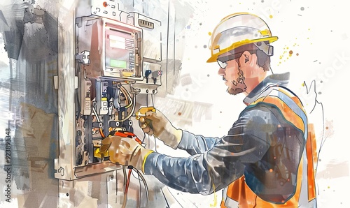 male commercial electrician with work on a fuse box in factory, adorned in safety gear Digital illustration, white background, watercolor style