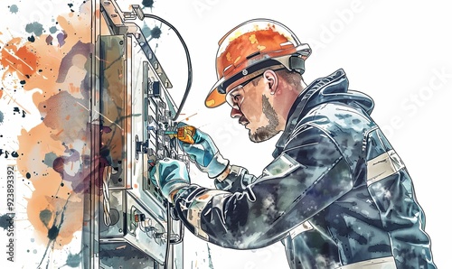 male commercial electrician with work on a fuse box in factory, adorned in safety gear Digital illustration, white background, watercolor style