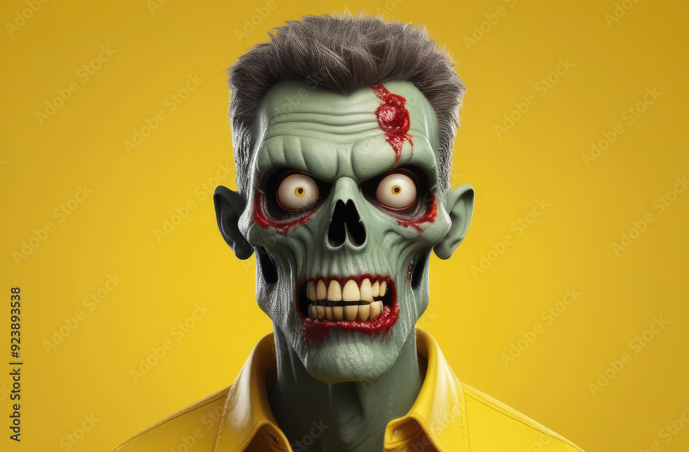 scary zombie with green skin on yellow background. Halloween concept, horror movie scene scary zombie with green skin on yellow background. Halloween concept, horror movie scene