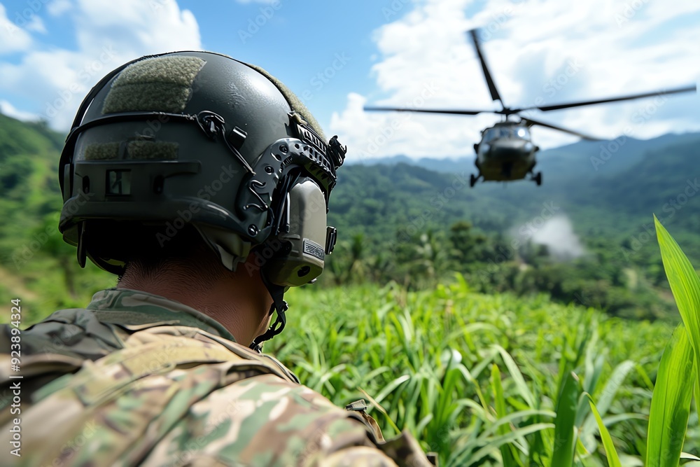 Soldier in tactical gear watching a helicopter land in a lush, mountainous landscape, showcasing military operation in nature. Soldier in tactical gear watching a helicopter land in a lush, mountainous landscape, showcasing military operation in nature.
