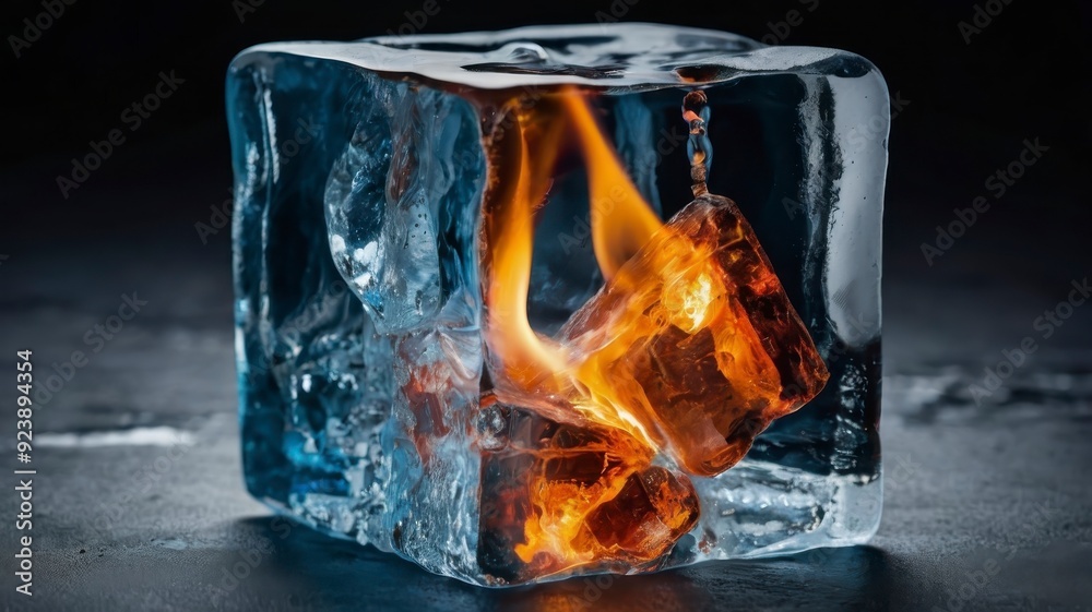 Burning fire within ice cube, modern art Burning fire within ice cube, modern art
