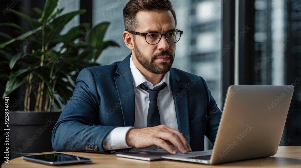 Businessman analyzing SEO on laptop for website ranking and traffic Businessman analyzing SEO on laptop for website ranking and traffic