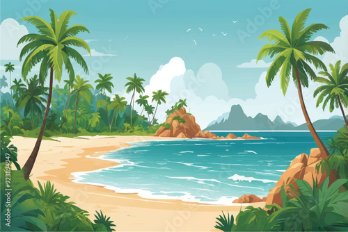 Coastal sandy beach palm trees. Vector illustration. Tourism trip vacation warm country seashore ocean water wave coast hot sun holiday