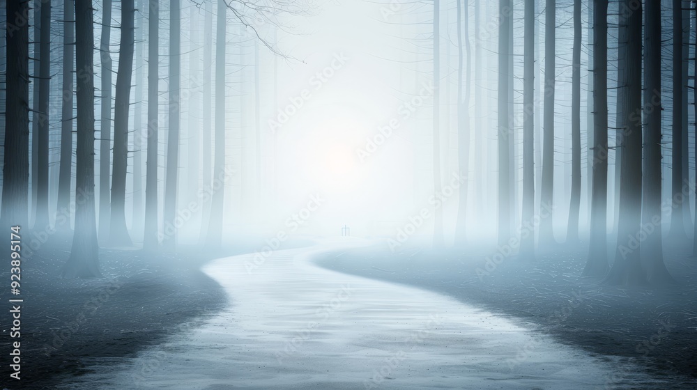 Naklejka premium A foggy forest road with trees in the background