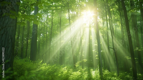 A bright sun shining through the trees in a lush green forest