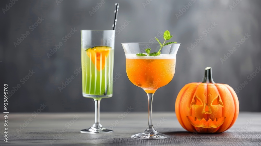 A table with four drinks and a pumpkin on it